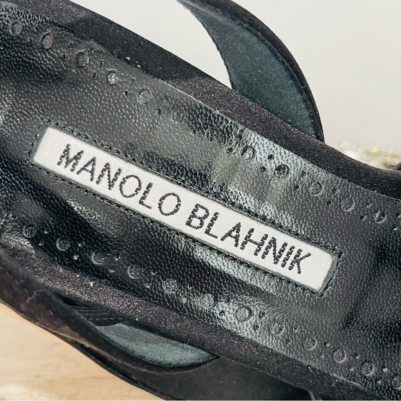 Manolo Blahnik Fiboslac Black Satin Swarovski Crystal Slingback 70MM Pumps SZ 37 - Picture 11 of 14